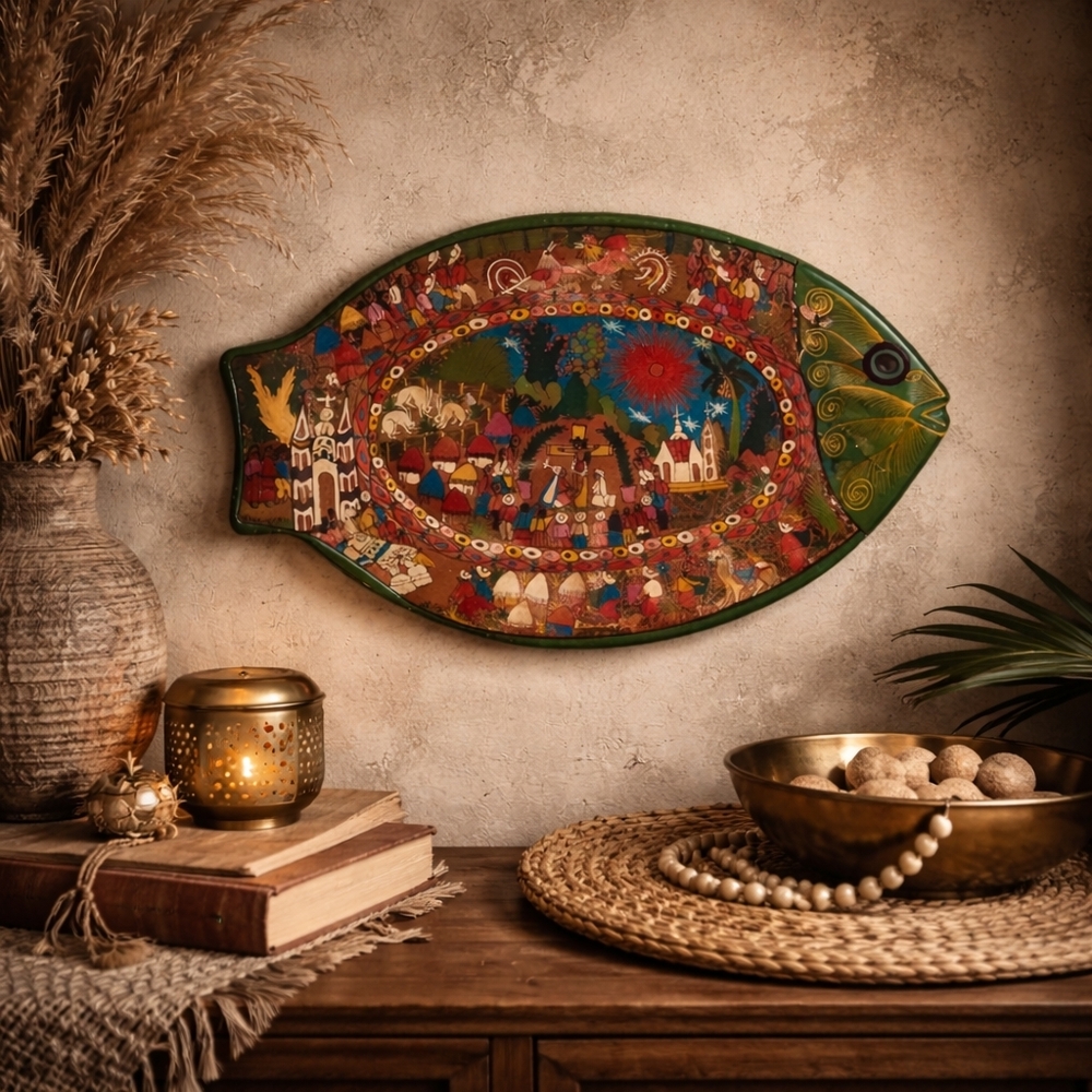 Vintage Hand Painted Folk Art Fish Wall Plaque 14” Religious Crucifixion Scene